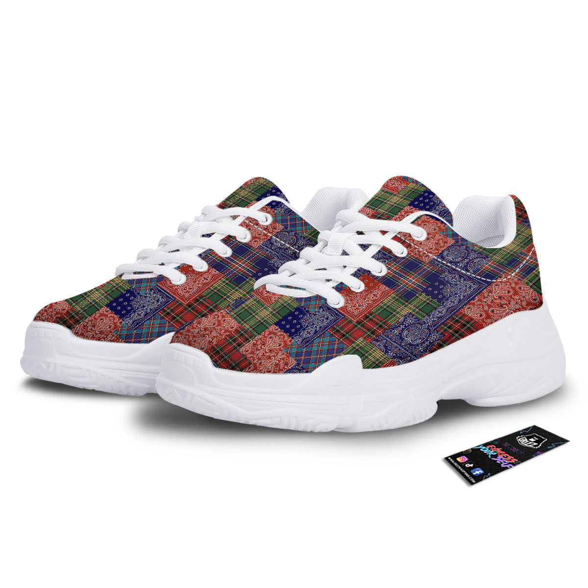 Patchwork Tartan And Bandana Print Pattern White Chunky Shoes-grizzshop