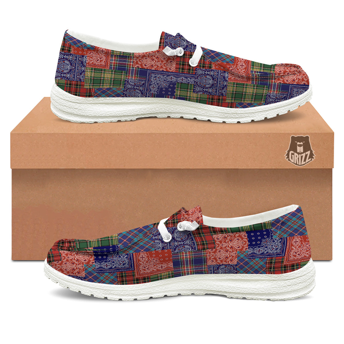 Patchwork Tartan And Bandana Print Pattern White Loafers-grizzshop