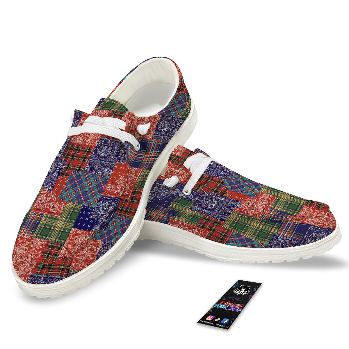 Patchwork Tartan And Bandana Print Pattern White Loafers-grizzshop
