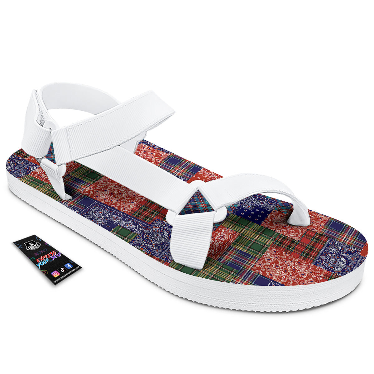 Patchwork Tartan And Bandana Print Pattern White Open Toe Sandals-grizzshop
