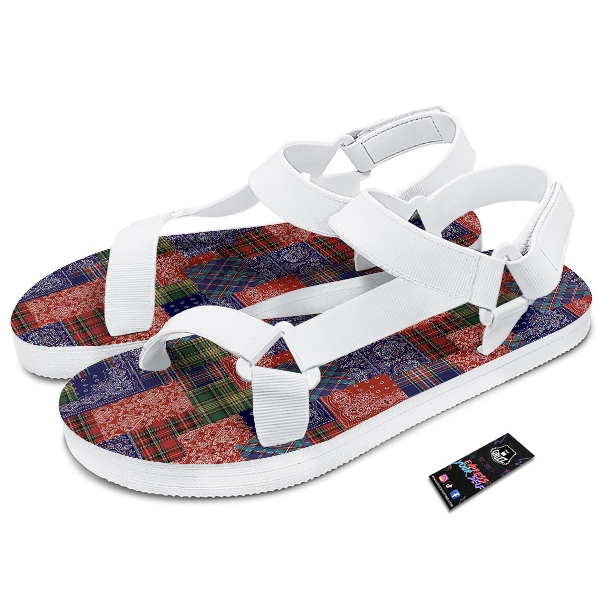 Patchwork Tartan And Bandana Print Pattern White Open Toe Sandals-grizzshop