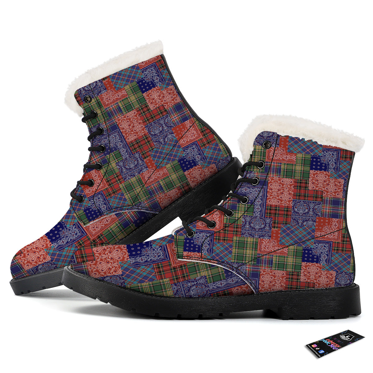 Patchwork Tartan And Bandana Print Pattern Winter Boots-grizzshop