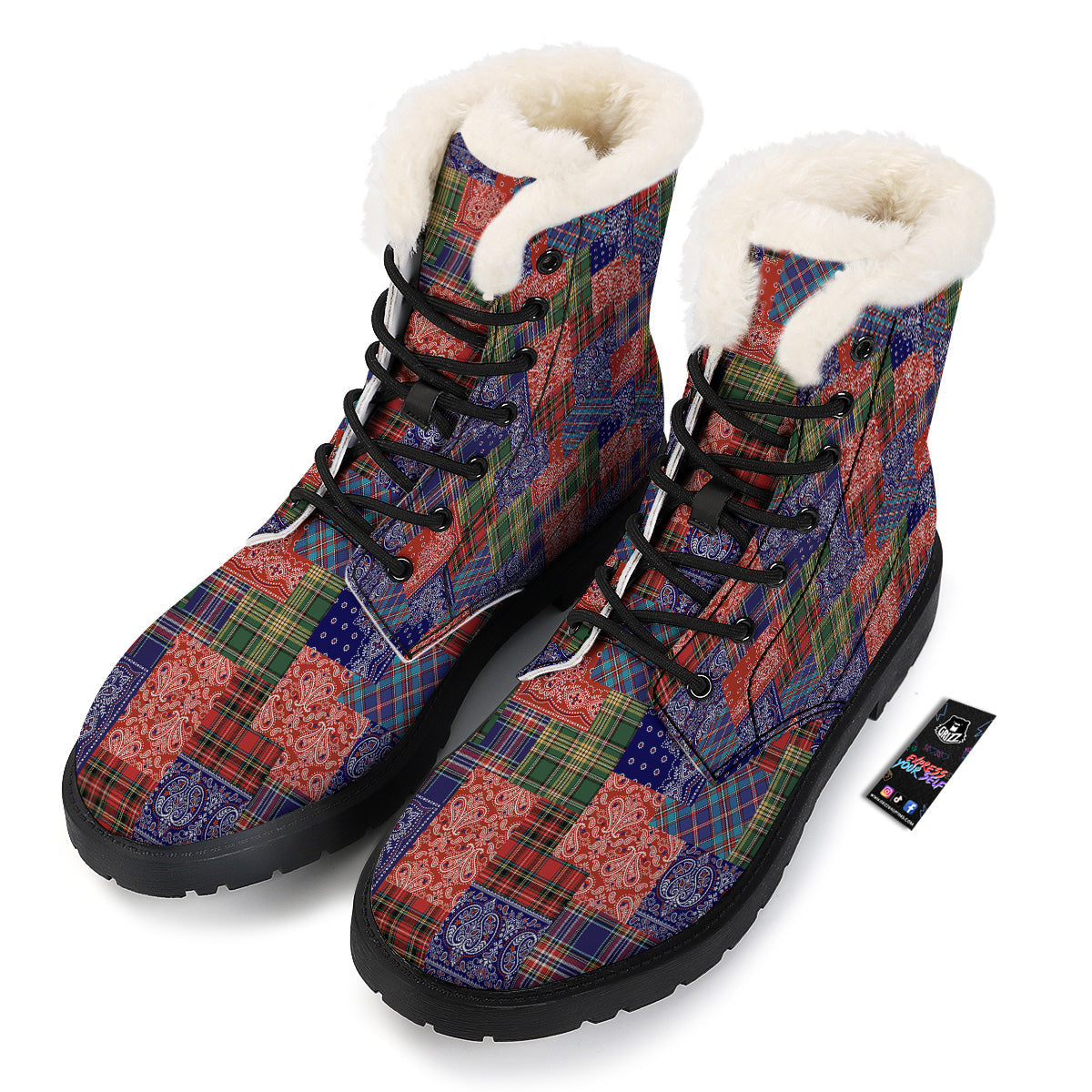 Patchwork Tartan And Bandana Print Pattern Winter Boots-grizzshop