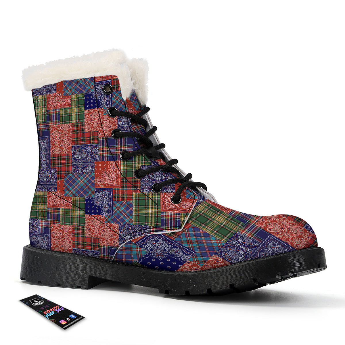 Patchwork Tartan And Bandana Print Pattern Winter Boots-grizzshop