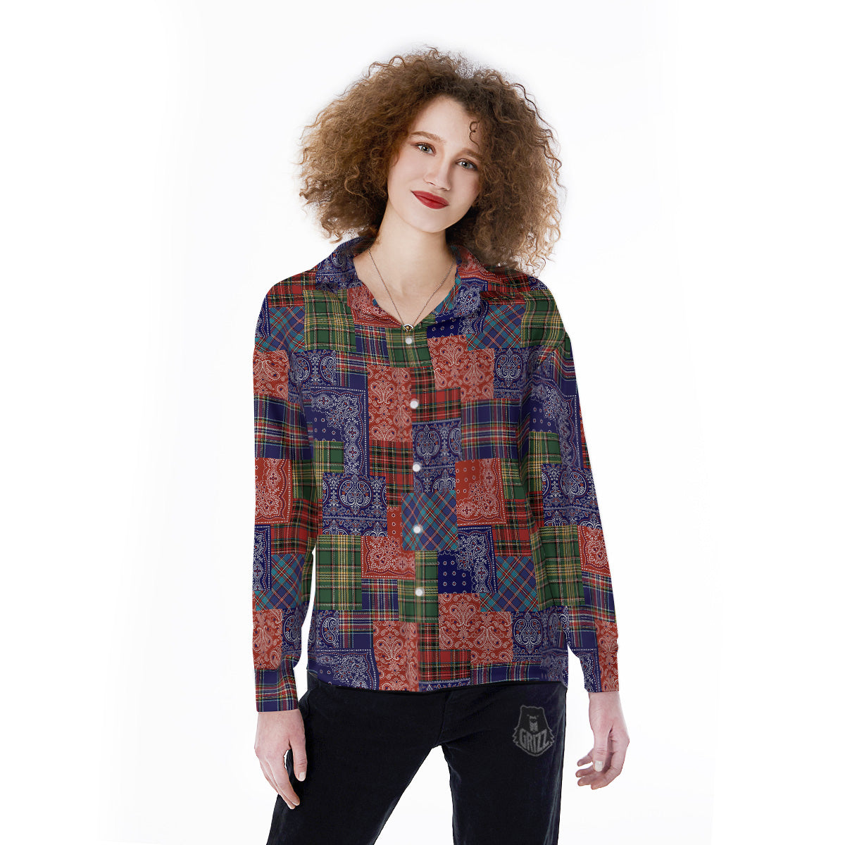 Patchwork Tartan And Bandana Print Pattern Women's Long Sleeve Shirts-grizzshop