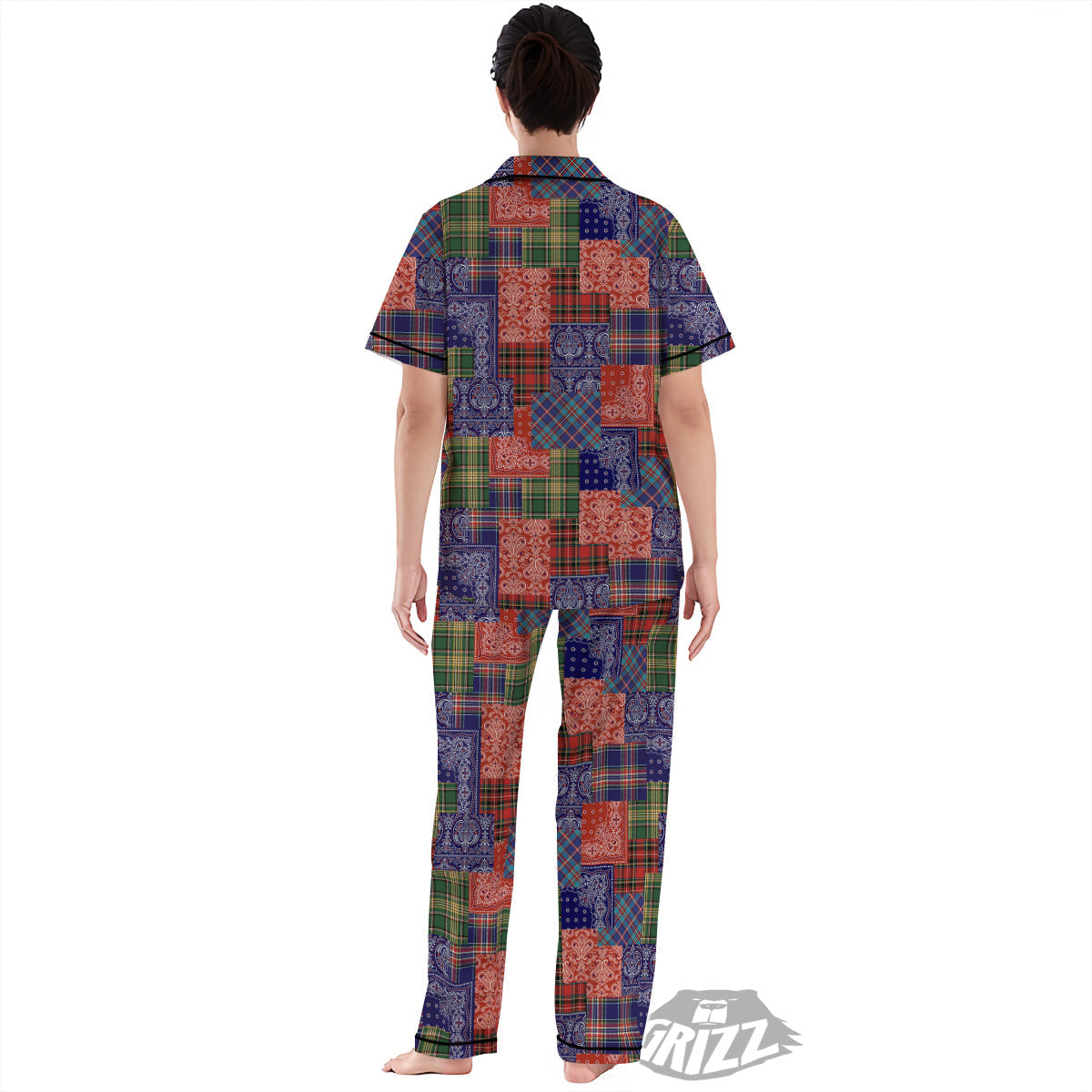 Patchwork Tartan And Bandana Print Pattern Women's Pajamas Set-grizzshop