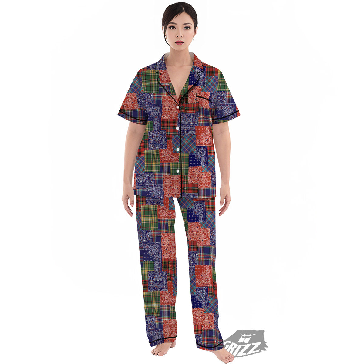 Patchwork Tartan And Bandana Print Pattern Women's Pajamas Set-grizzshop
