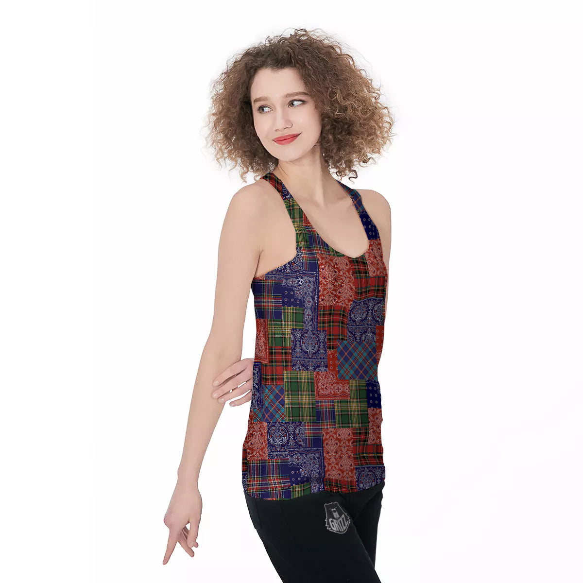 Patchwork Tartan And Bandana Print Pattern Women's Racerback Tank Top-grizzshop