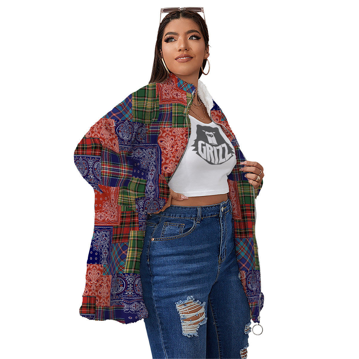 Patchwork Tartan And Bandana Print Pattern Women's Sherpa Jacket-grizzshop