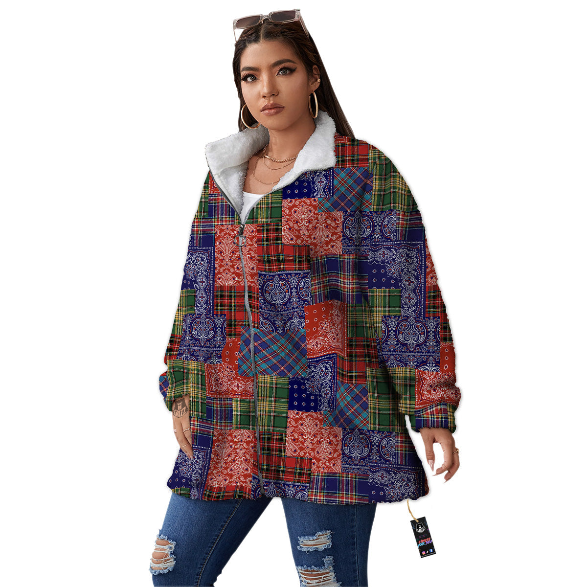 Patchwork Tartan And Bandana Print Pattern Women's Sherpa Jacket-grizzshop