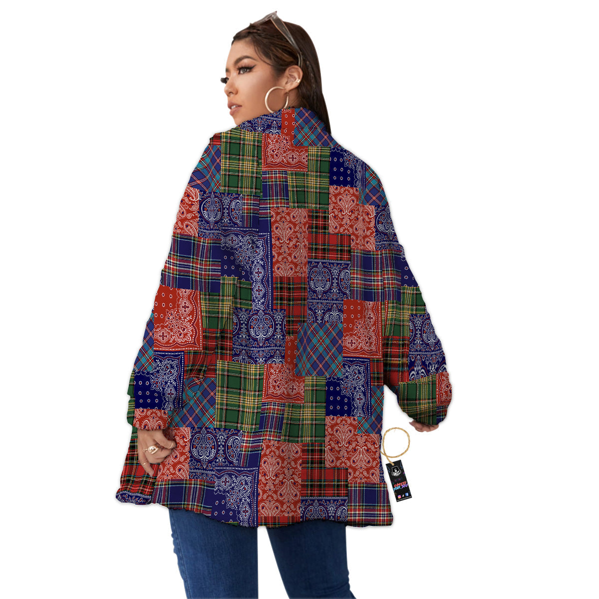 Patchwork Tartan And Bandana Print Pattern Women's Sherpa Jacket-grizzshop