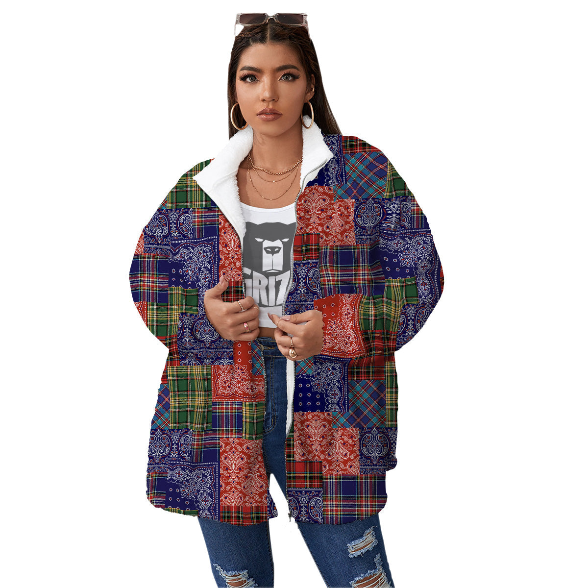 Patchwork Tartan And Bandana Print Pattern Women's Sherpa Jacket-grizzshop