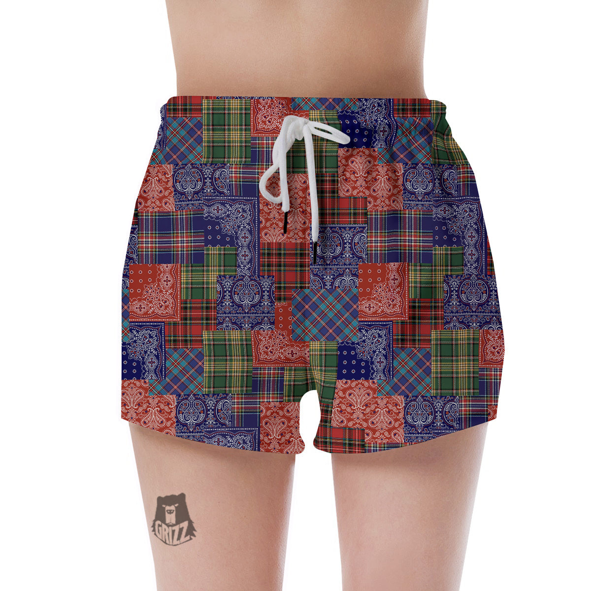 Patchwork Tartan And Bandana Print Pattern Women's Shorts-grizzshop