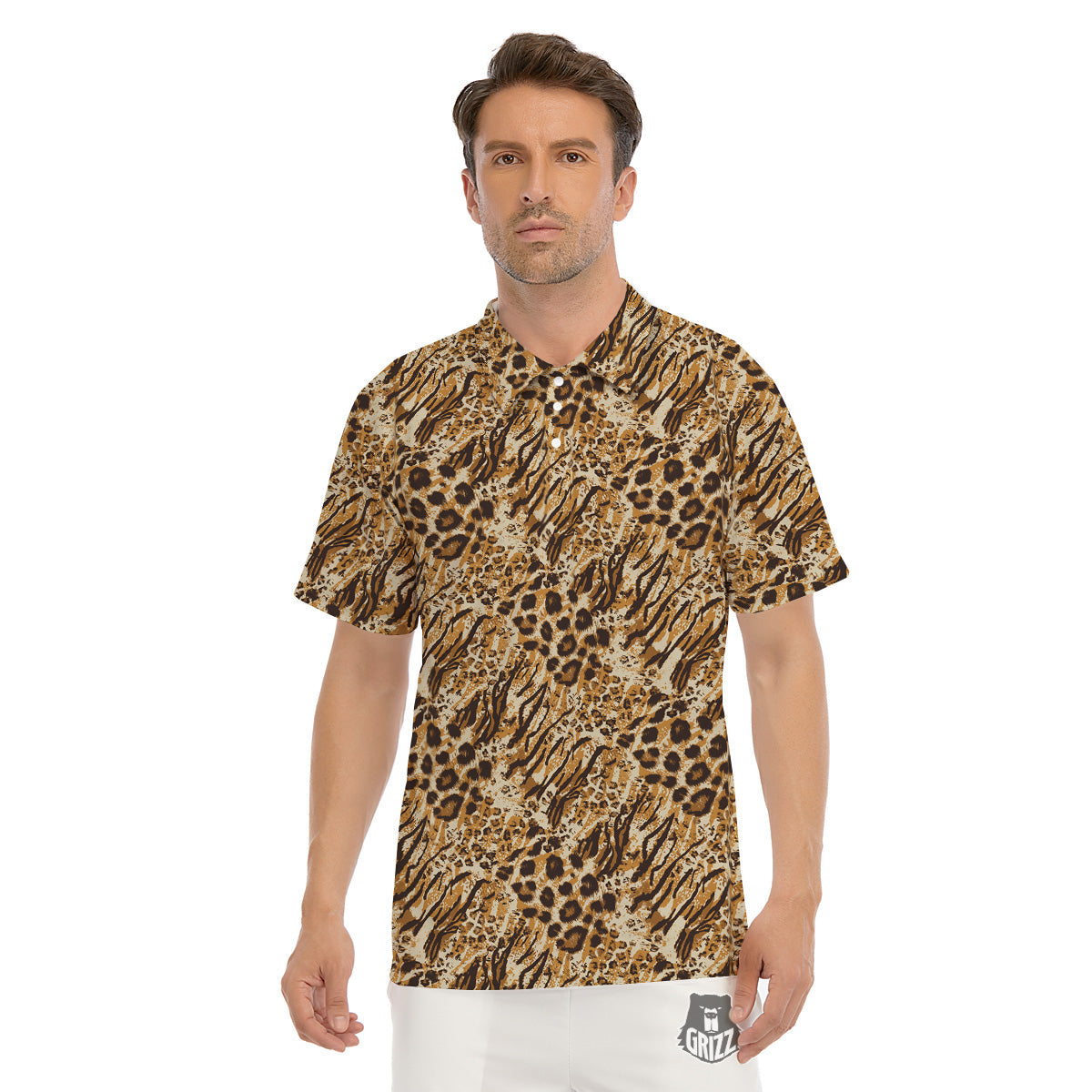 Patchwork Tiger Skin Print Pattern Men's Golf Shirts-grizzshop