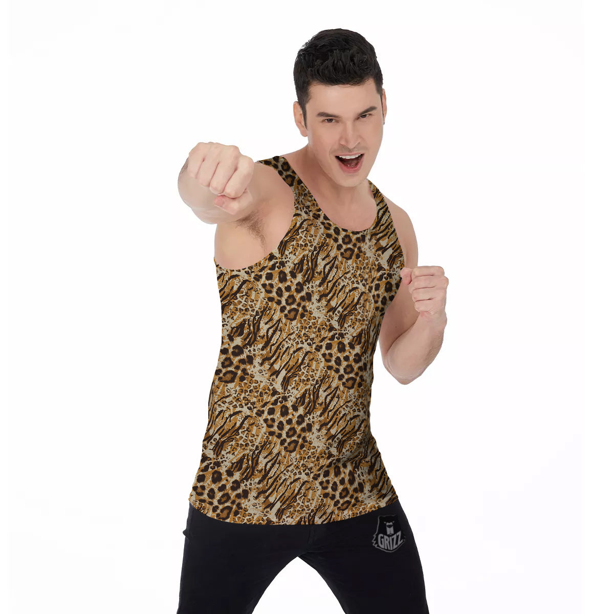 Patchwork Tiger Skin Print Pattern Men's Tank Top-grizzshop