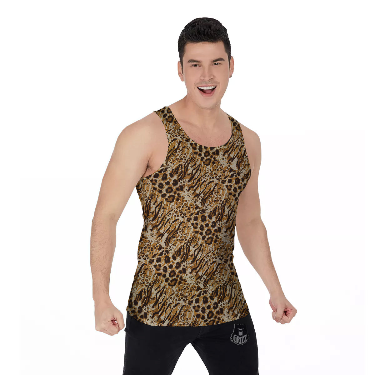 Patchwork Tiger Skin Print Pattern Men's Tank Top-grizzshop