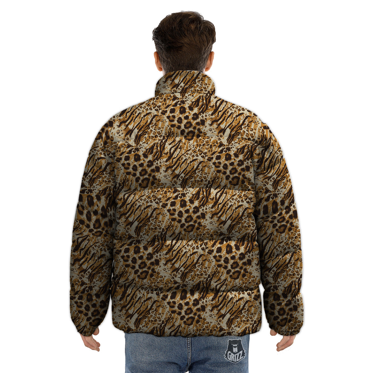 Patchwork Tiger Skin Print Pattern Puffer Jacket-grizzshop
