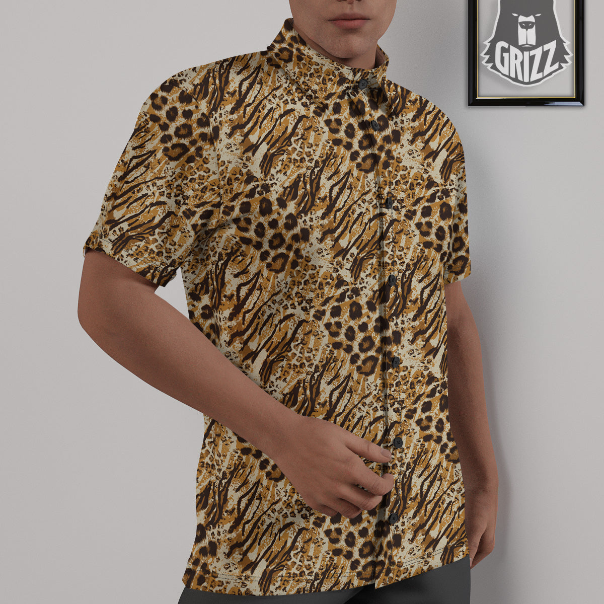 Patchwork Tiger Skin Print Pattern Untucked Shirts-grizzshop
