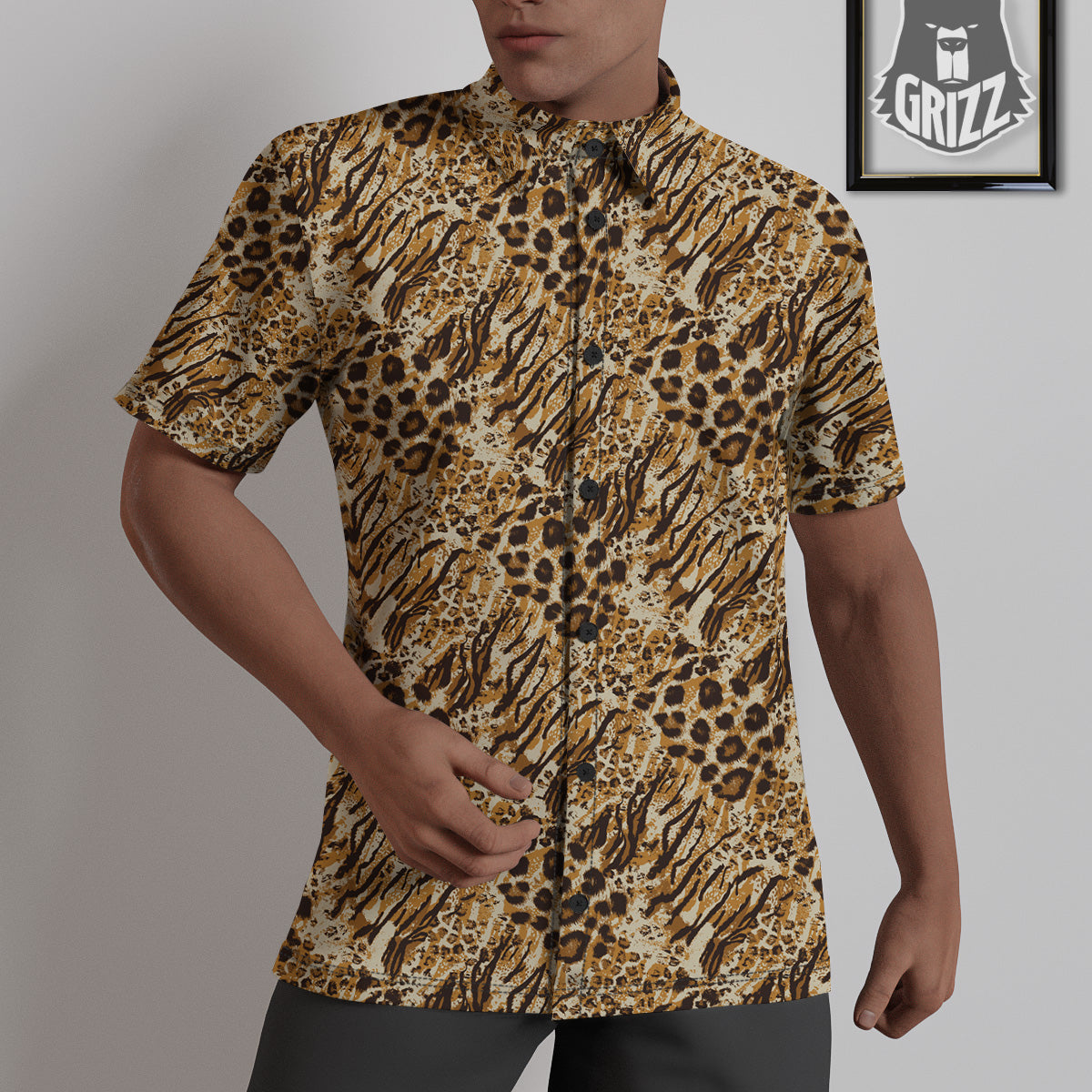 Patchwork Tiger Skin Print Pattern Untucked Shirts-grizzshop