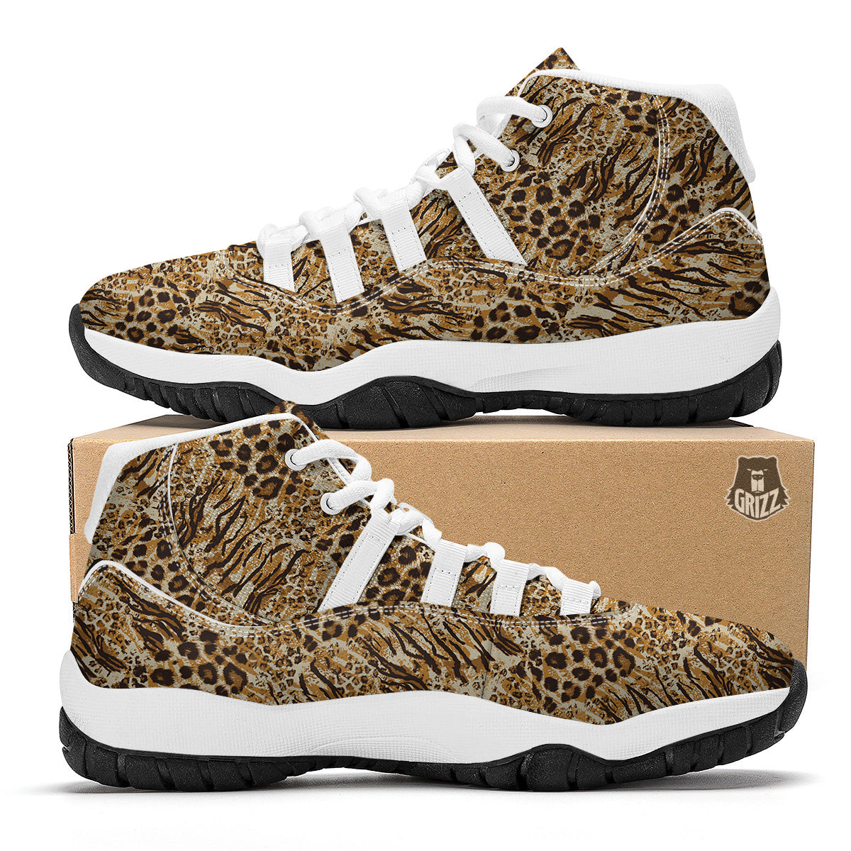 Patchwork Tiger Skin Print Pattern White Bball Shoes-grizzshop