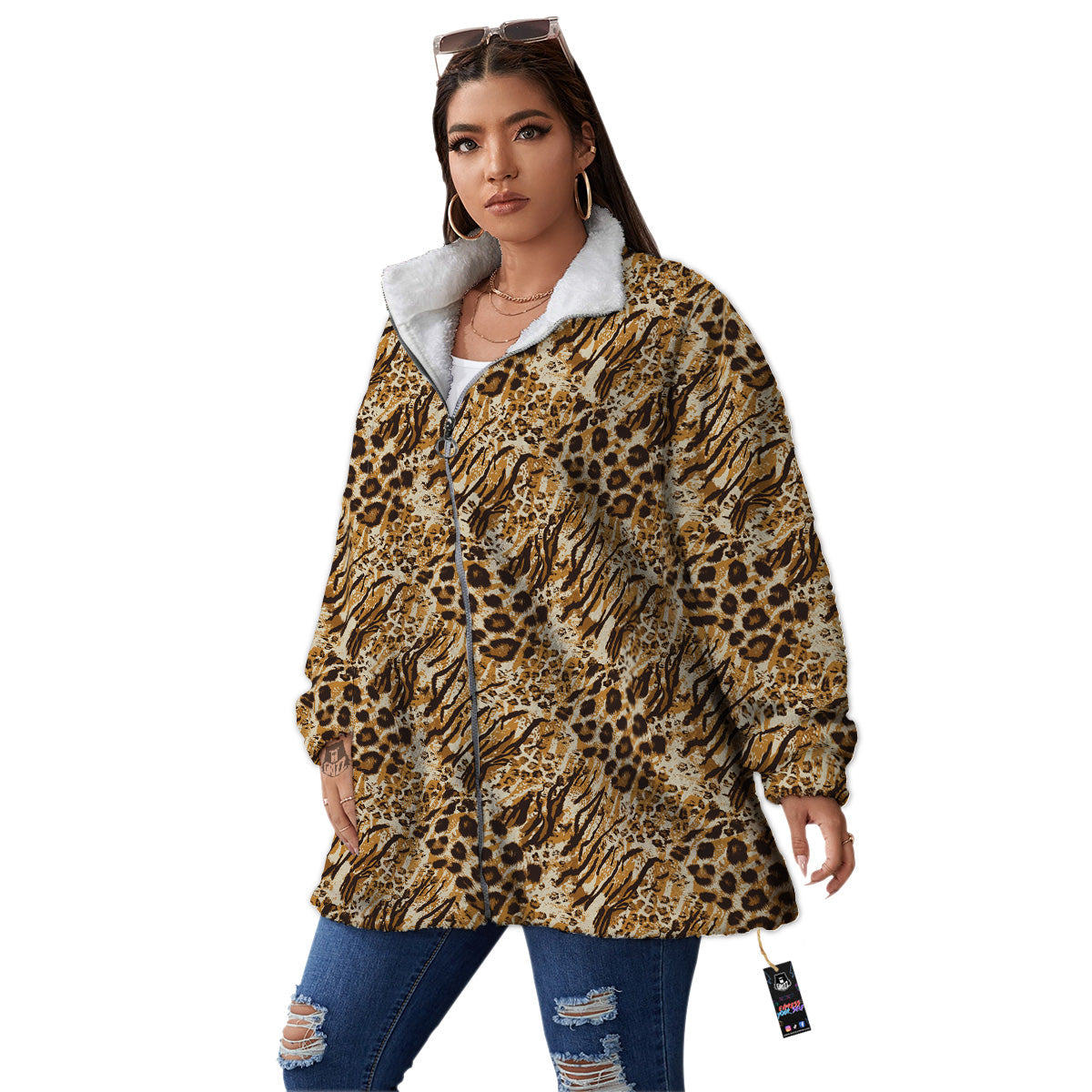 Patchwork Tiger Skin Print Pattern Women's Sherpa Jacket-grizzshop