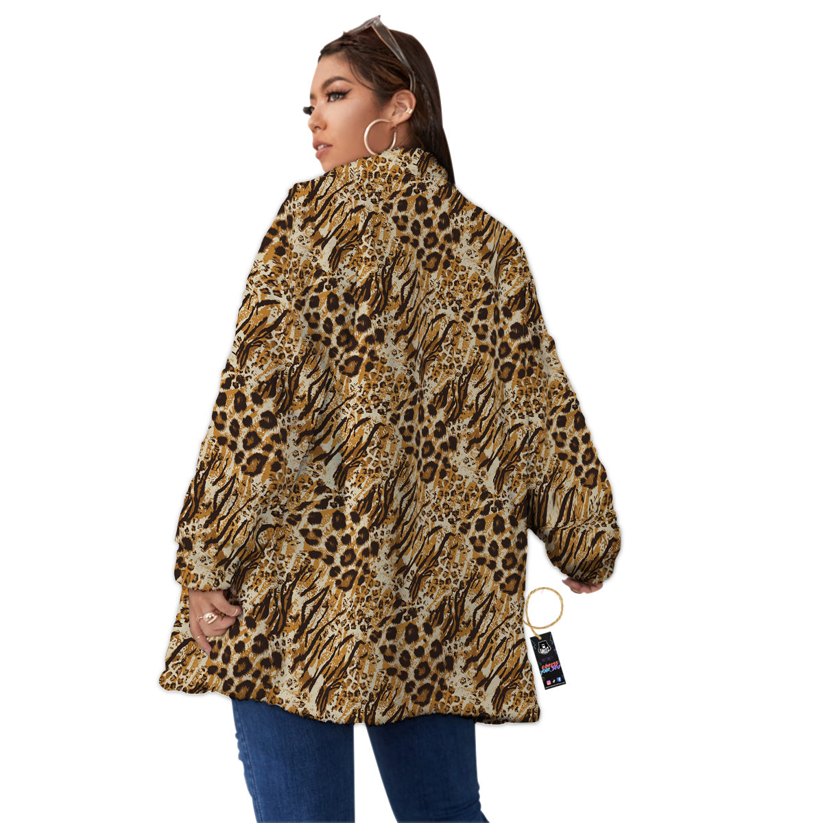 Patchwork Tiger Skin Print Pattern Women's Sherpa Jacket-grizzshop