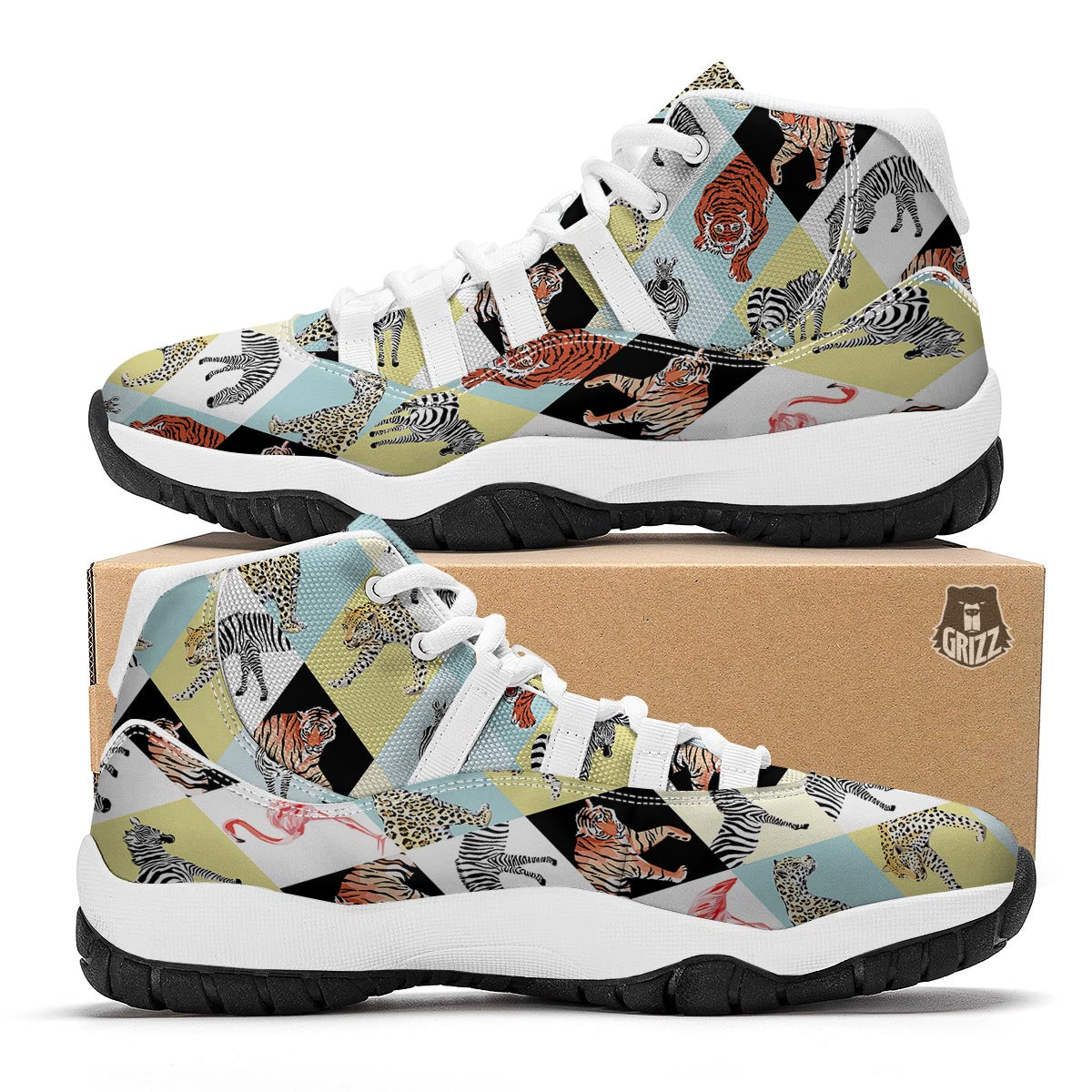 Patchwork Tropical Animal White Bball Shoes-grizzshop
