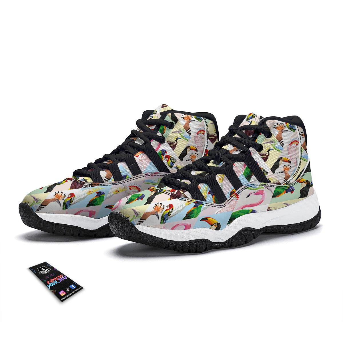 Patchwork Tropical Bird Black Bball Shoes-grizzshop