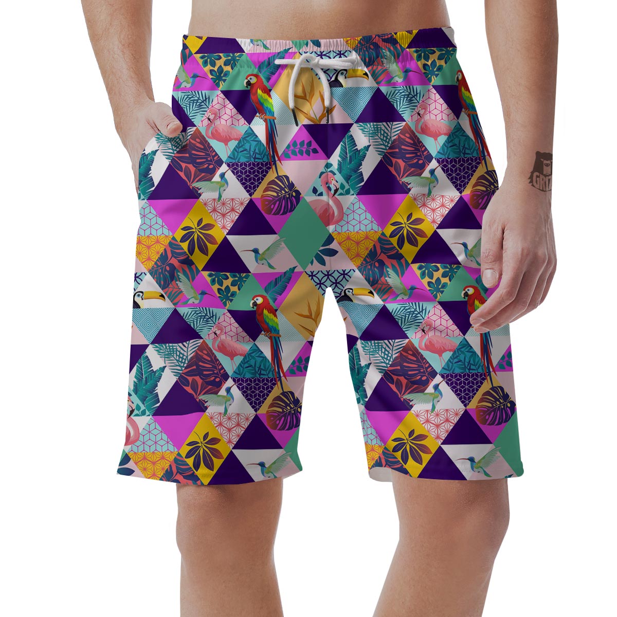 Patchwork Tropical Bird Print Men's Shorts-grizzshop