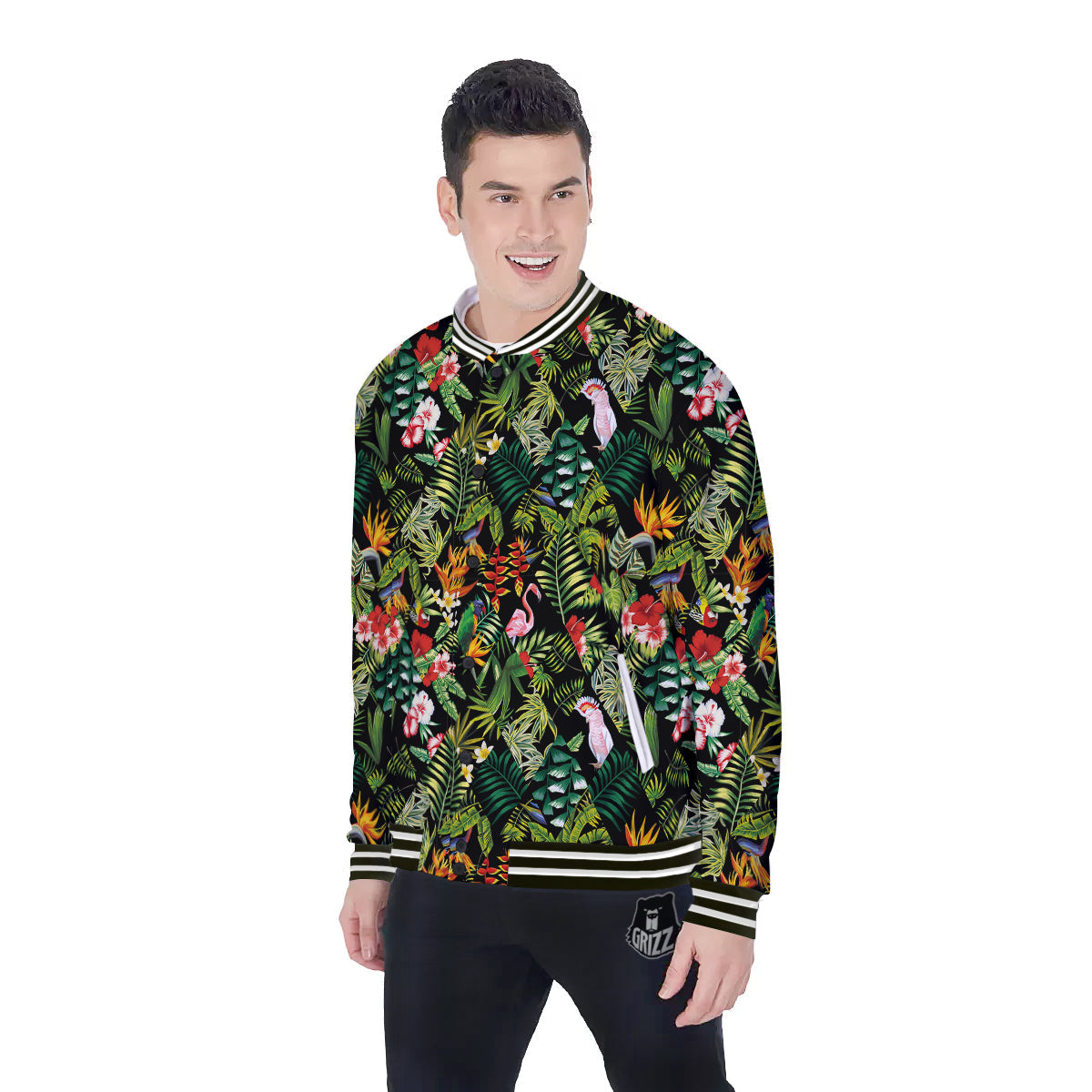 Patchwork Tropical Print Pattern Baseball Jacket-grizzshop