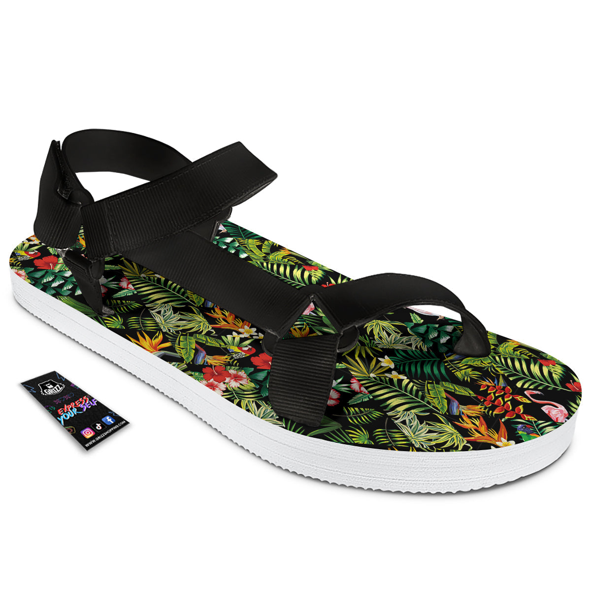 Patchwork Tropical Print Pattern Black Open Toe Sandals-grizzshop