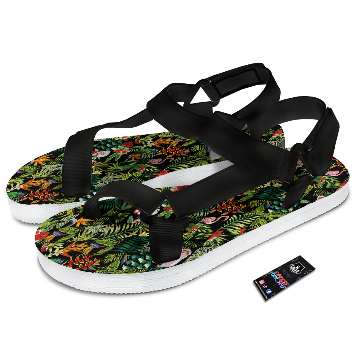 Patchwork Tropical Print Pattern Black Open Toe Sandals-grizzshop