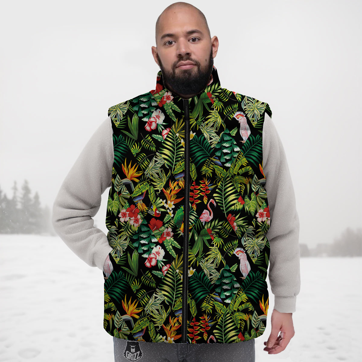 Patchwork Tropical Print Pattern Down Vest