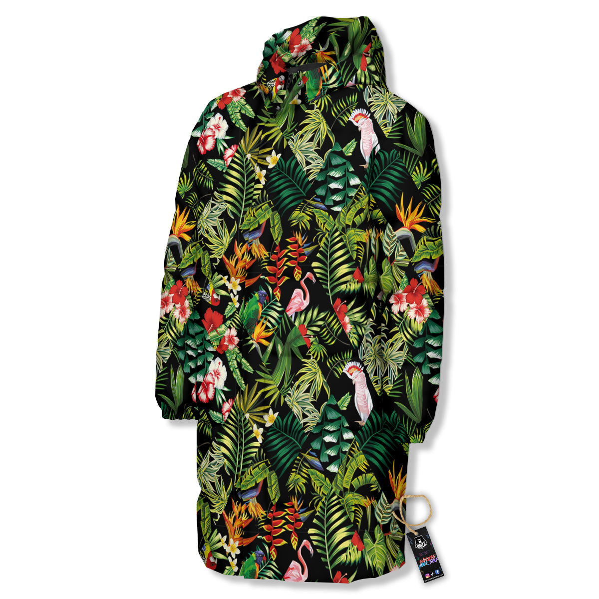 Patchwork Tropical Print Pattern Long Down Jacket-grizzshop