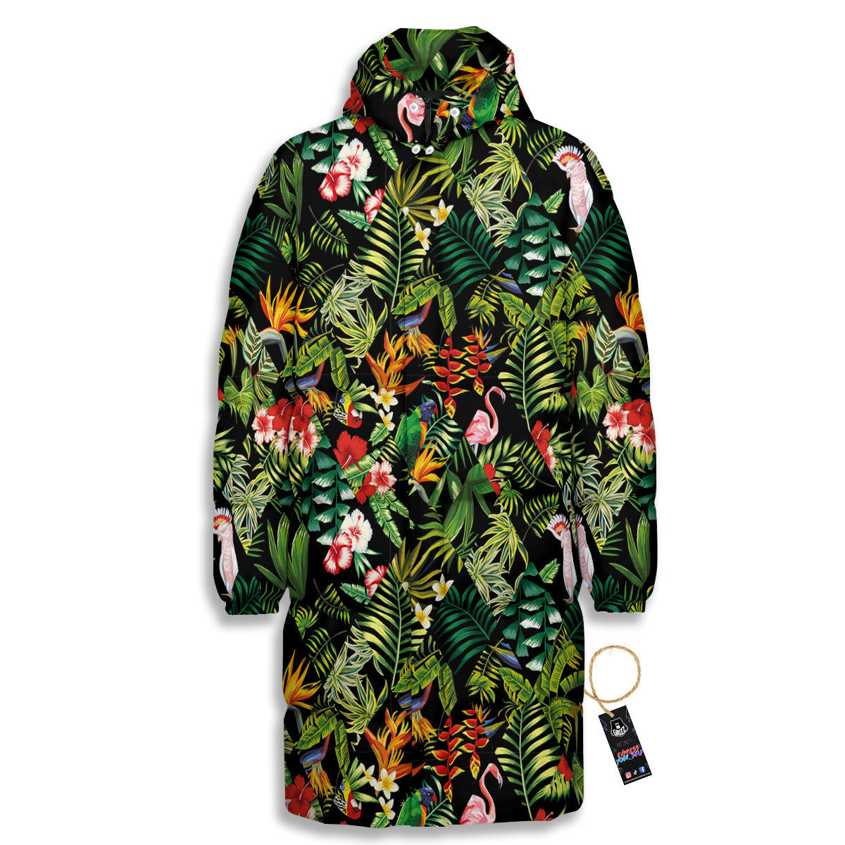 Patchwork Tropical Print Pattern Long Down Jacket-grizzshop