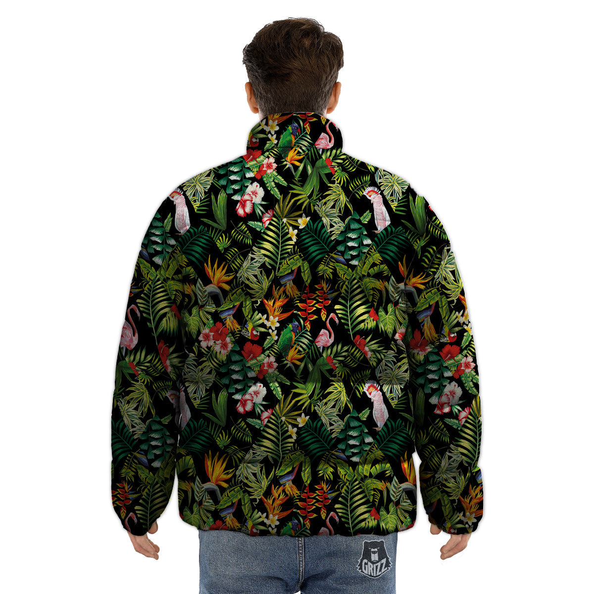 Patchwork Tropical Print Pattern Puffer Jacket-grizzshop