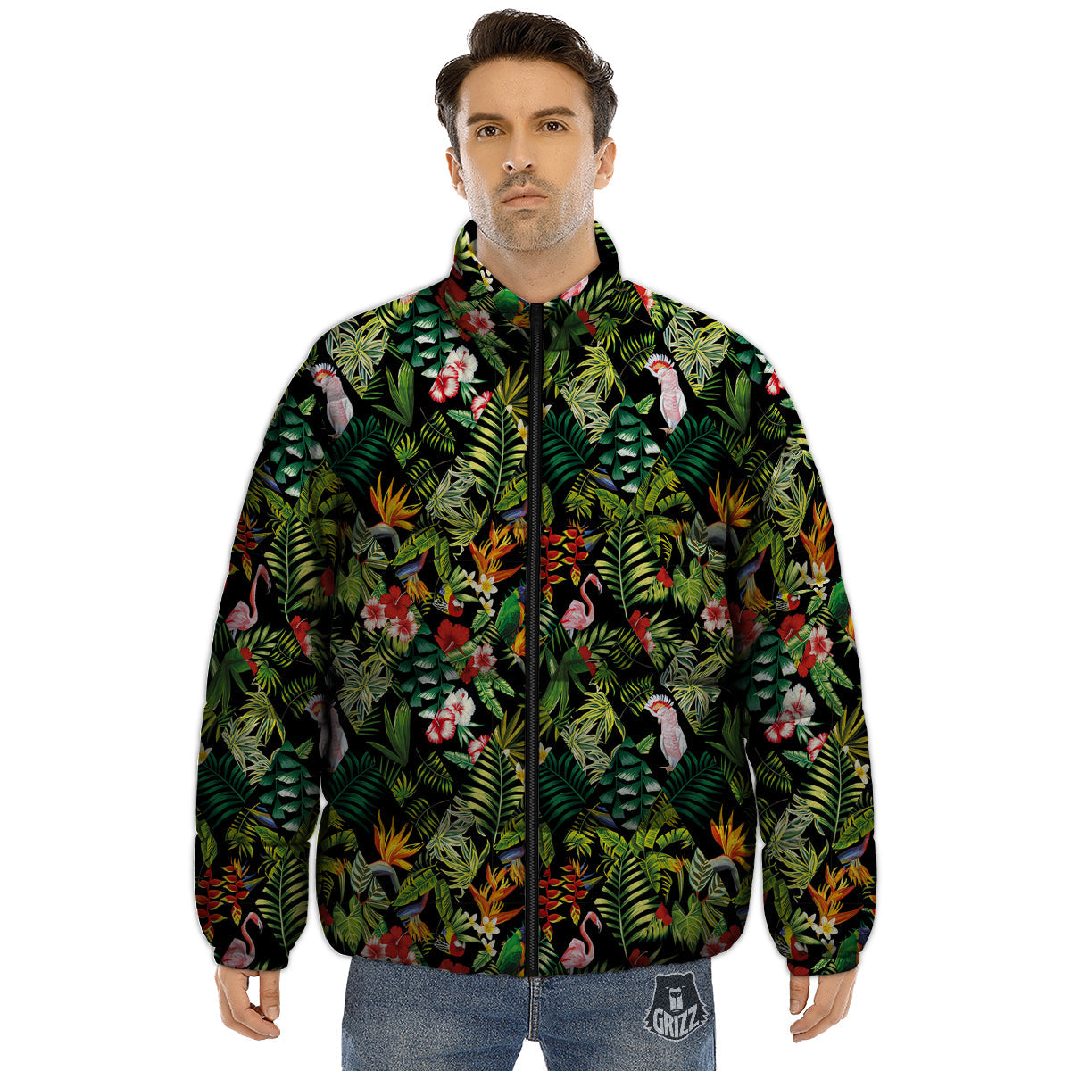 Patchwork Tropical Print Pattern Puffer Jacket-grizzshop