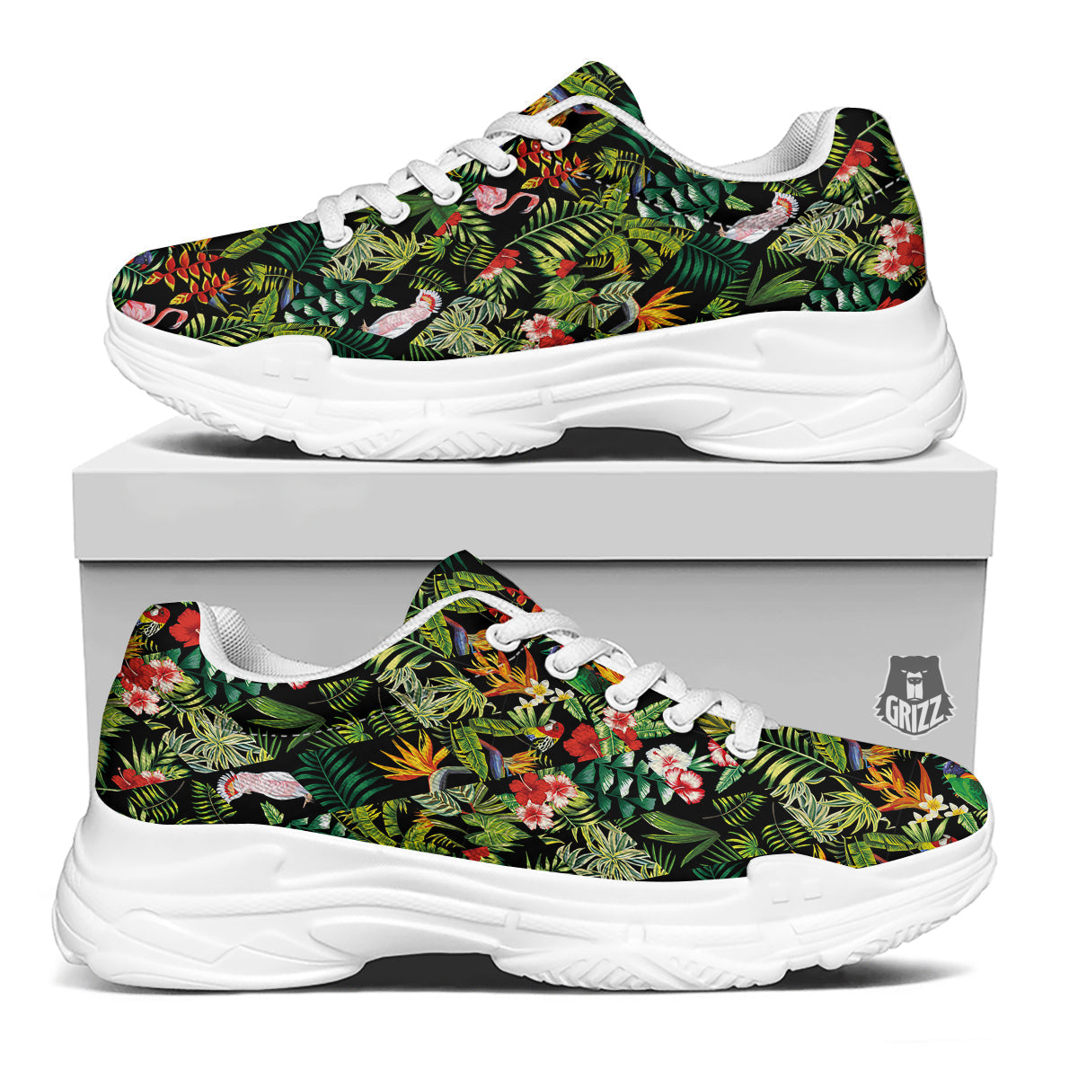 Patchwork Tropical Print Pattern White Chunky Shoes-grizzshop
