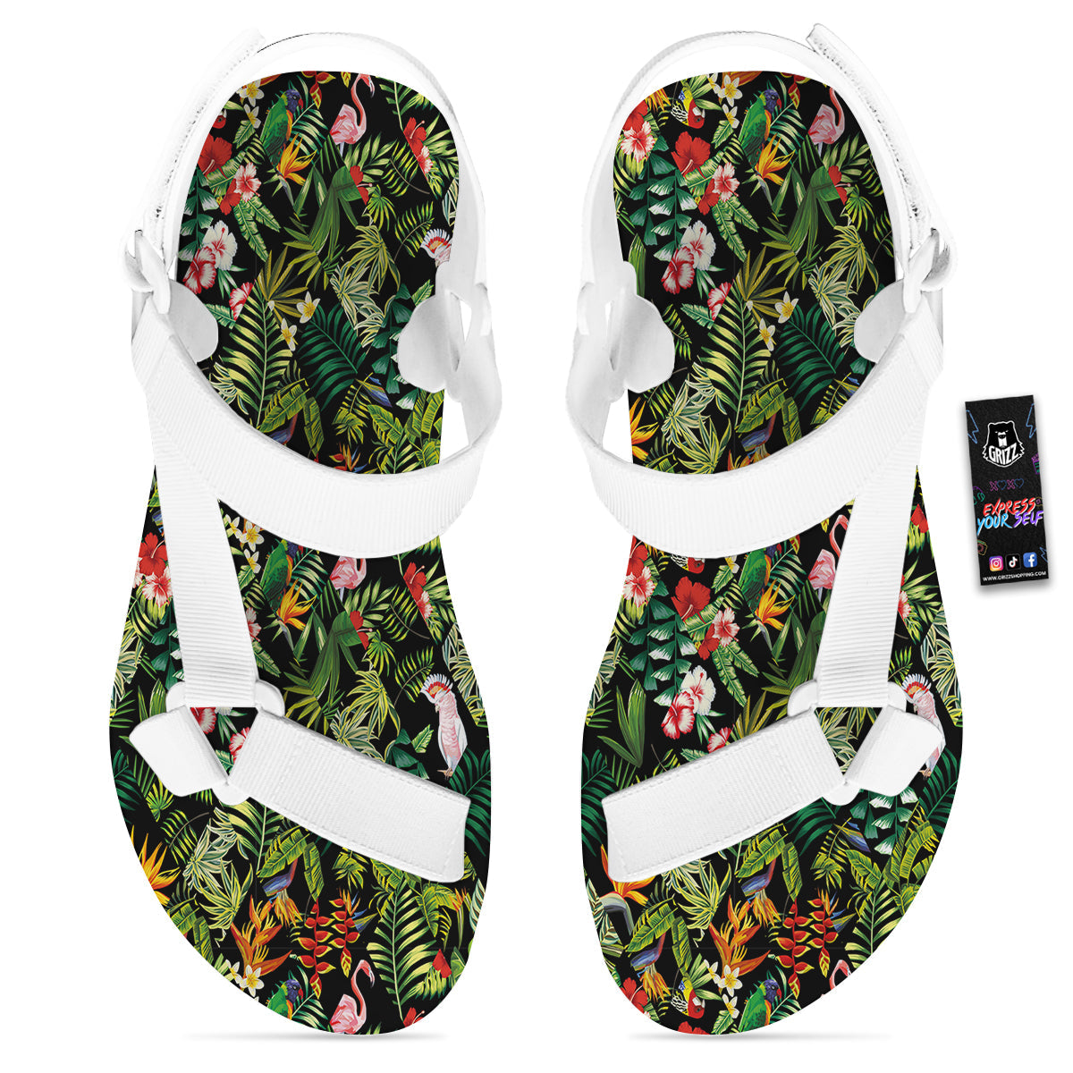 Patchwork Tropical Print Pattern White Open Toe Sandals-grizzshop