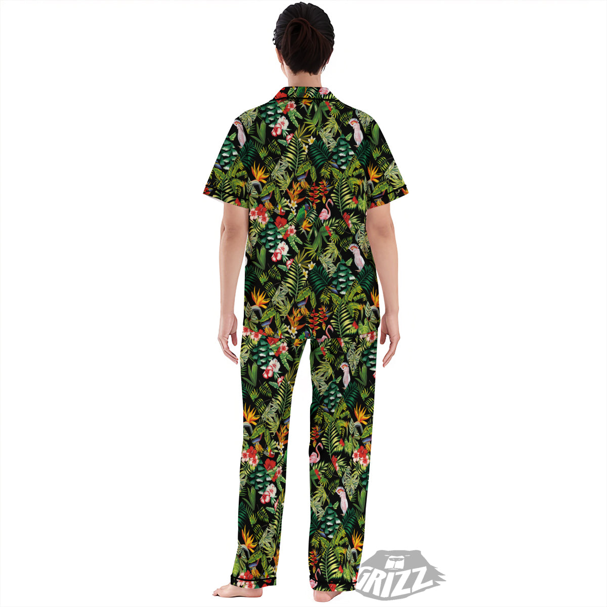 Patchwork Tropical Print Pattern Women's Pajamas Set-grizzshop