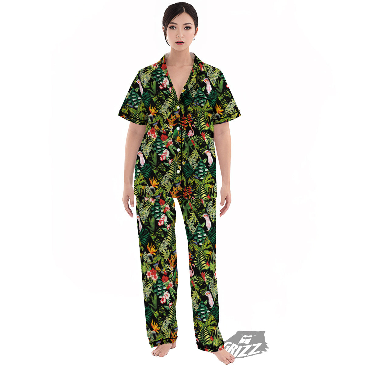 Patchwork Tropical Print Pattern Women's Pajamas Set-grizzshop