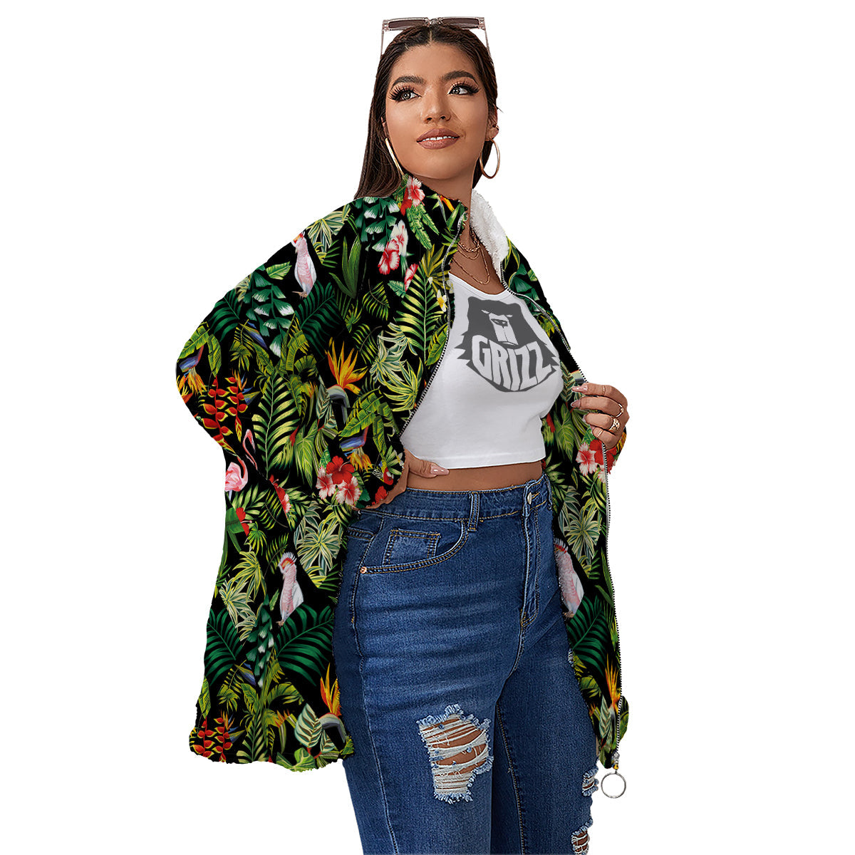 Patchwork Tropical Print Pattern Women's Sherpa Jacket-grizzshop