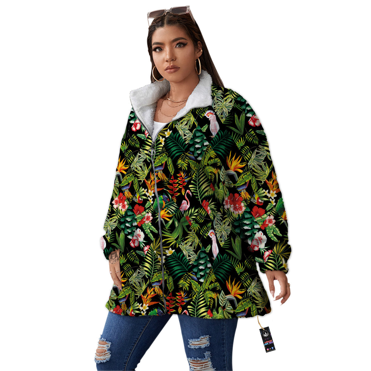 Patchwork Tropical Print Pattern Women's Sherpa Jacket-grizzshop