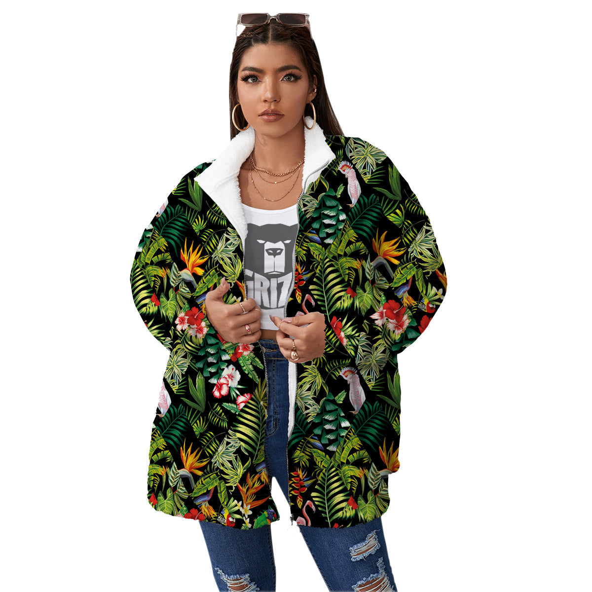 Patchwork Tropical Print Pattern Women's Sherpa Jacket-grizzshop