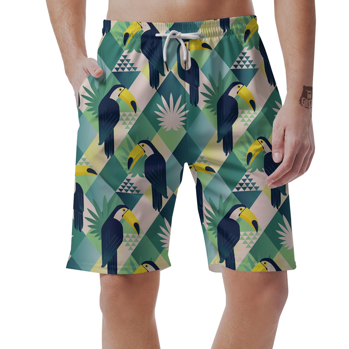 Patchwork Tropical Toucan Print Men's Shorts-grizzshop