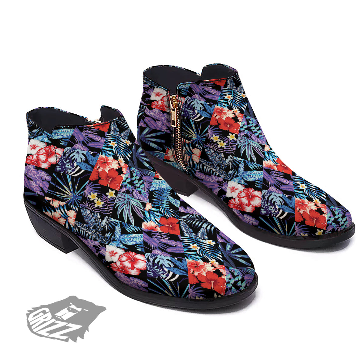 Patchwork Tropical Watercolor Print Pattern Ankle Boots-grizzshop