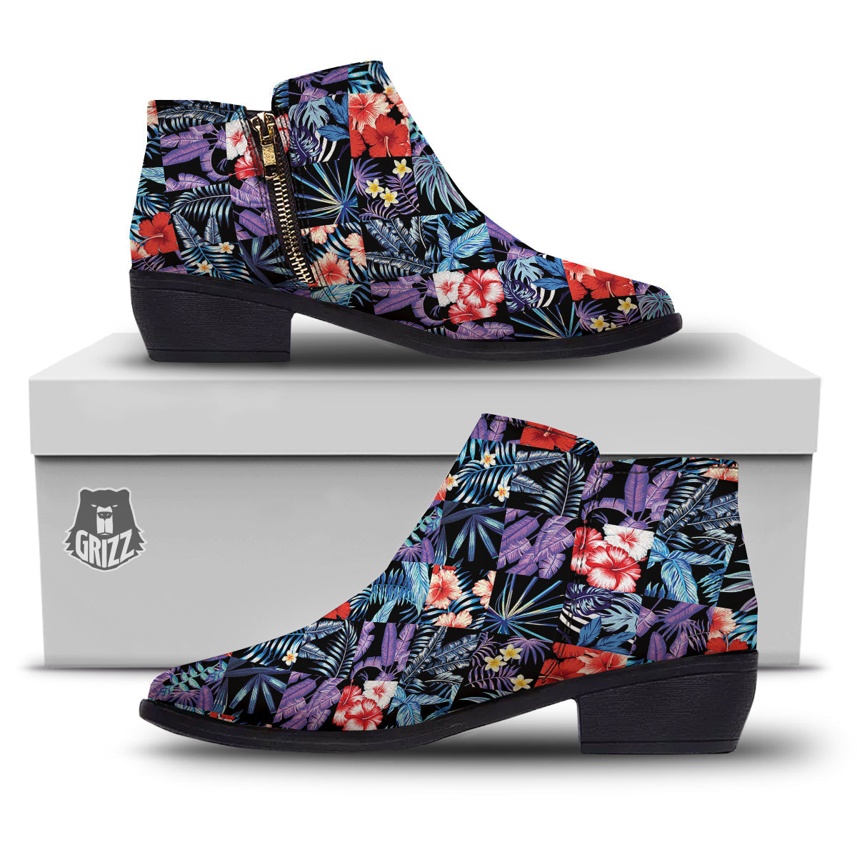 Patchwork Tropical Watercolor Print Pattern Ankle Boots-grizzshop