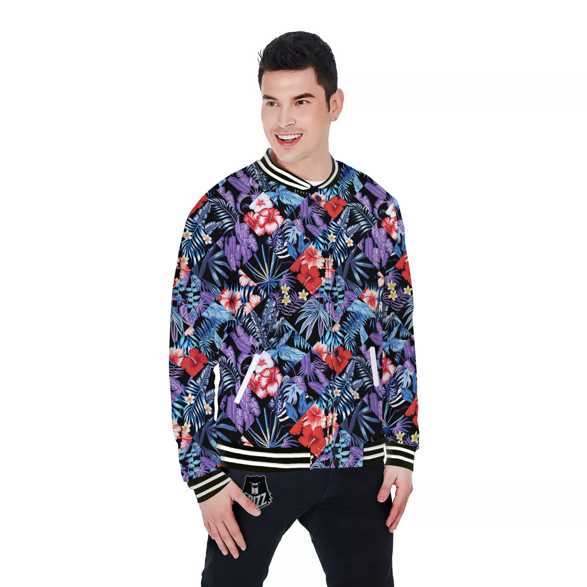 Patchwork Tropical Watercolor Print Pattern Baseball Jacket-grizzshop