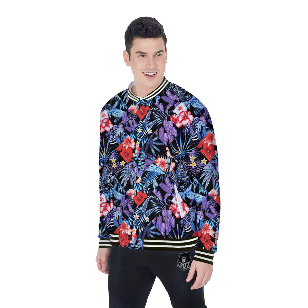 Patchwork Tropical Watercolor Print Pattern Baseball Jacket-grizzshop