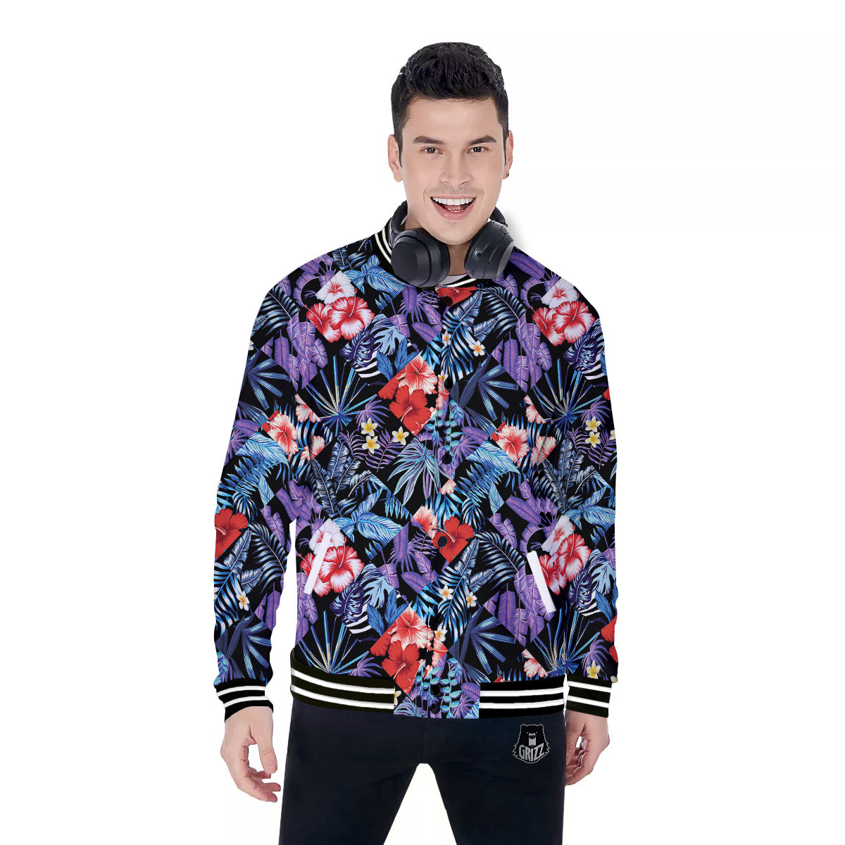 Patchwork Tropical Watercolor Print Pattern Baseball Jacket-grizzshop